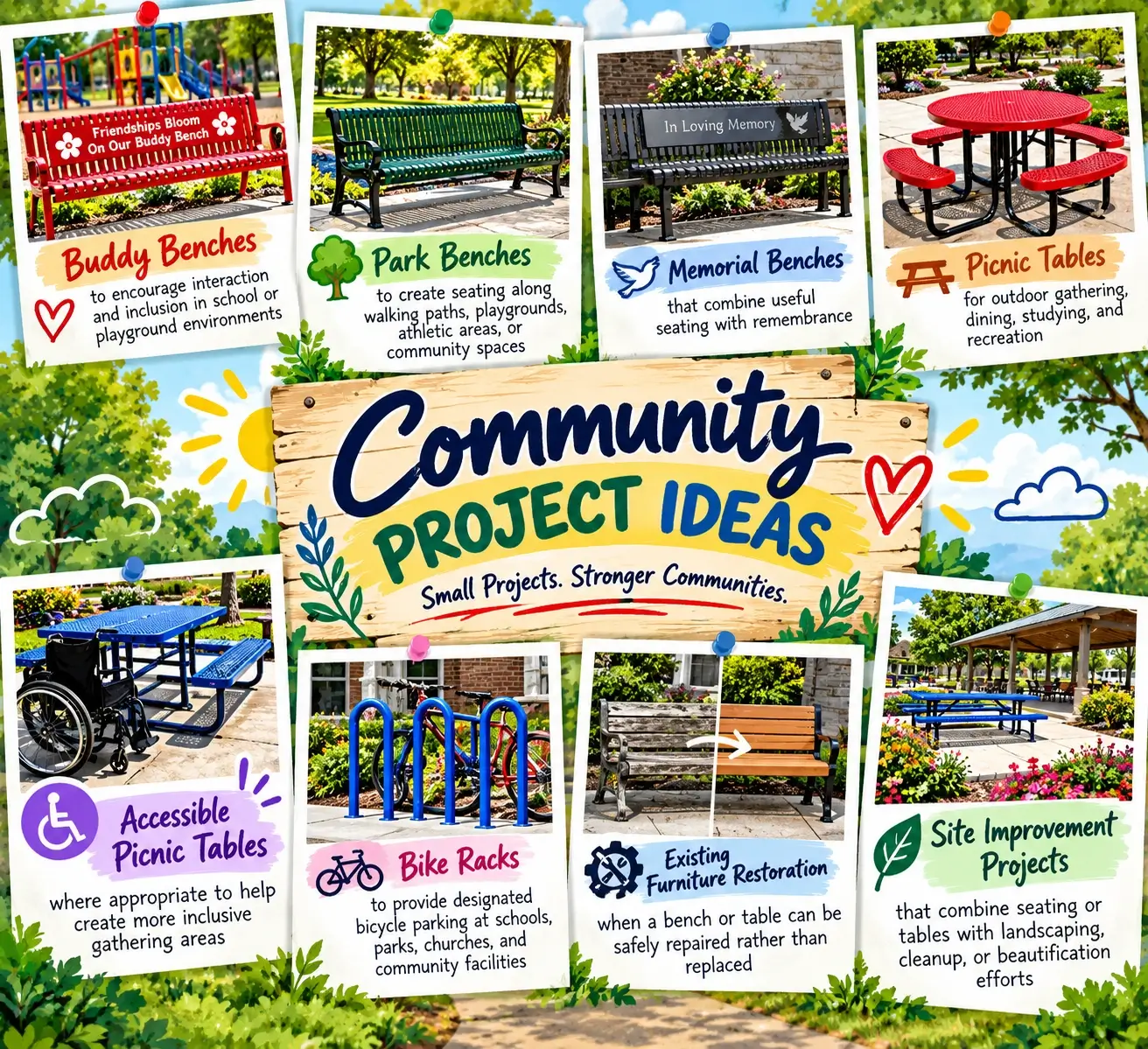 Community project ideas featuring buddy benches, park benches, memorial benches, picnic tables, bike racks, and accessible outdoor improvements
